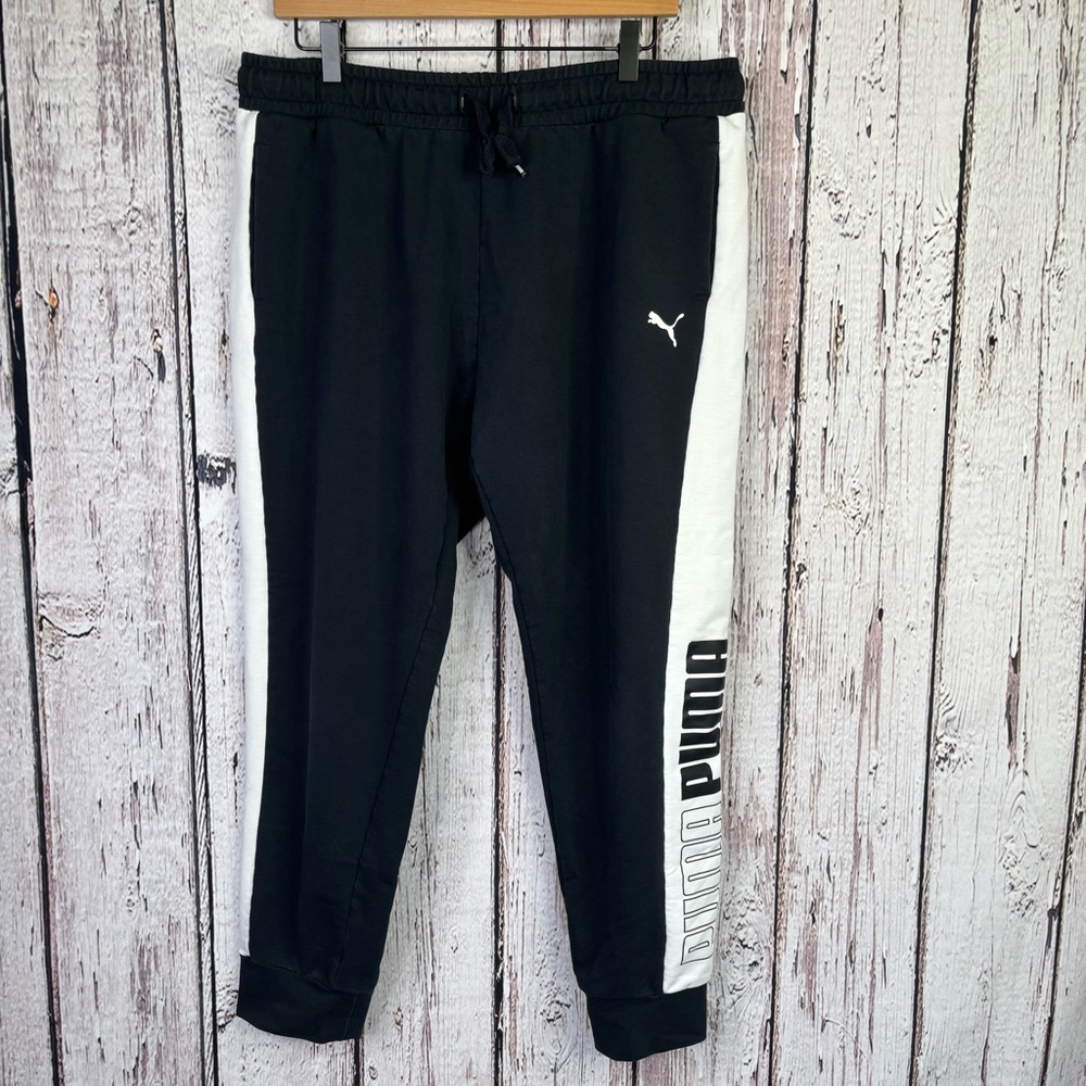 PUMA Joggers Size XL Black White Cotton Feel 34” Waist x 27” Inseam Pockets EUC!